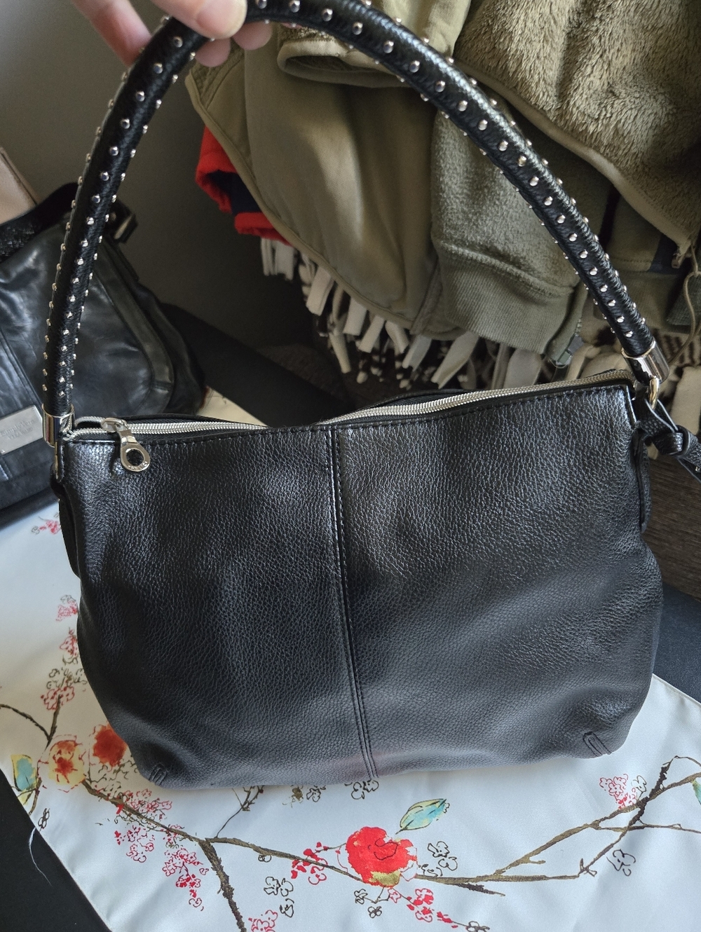 Relic Classic Black Leather Shoulder Bag with Studded Handle